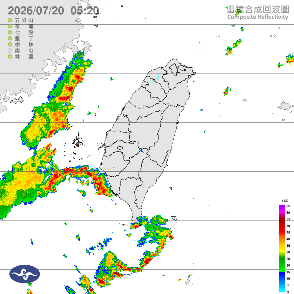 西南風水氣偏多，南部留意不定時大雨；中部以北宜花地區及各山區，午後注意大雨或短延時豪雨